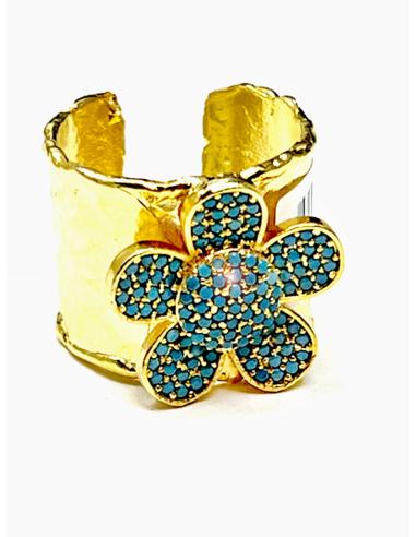 ANILLO ANCHO MUJER BAÑADO EN ORO CON FLOR TURQUESA DE BISUTERÍA FINA