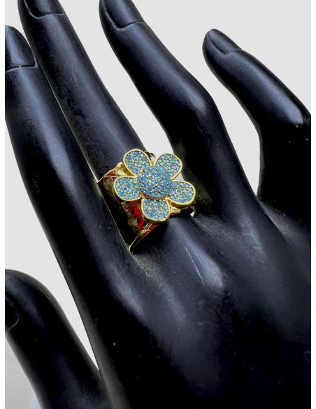ANILLO ANCHO MUJER BAÑADO EN ORO CON FLOR TURQUESA DE BISUTERÍA FINA