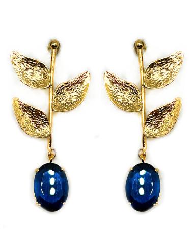 LARGOS PENDIENTES AZULONES ELEGANTES CON HOJITAS DORADAS