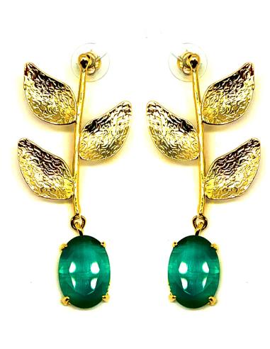 LARGOS PENDIENTES VERDES ELEGANTES CON HOJITAS DORADAS