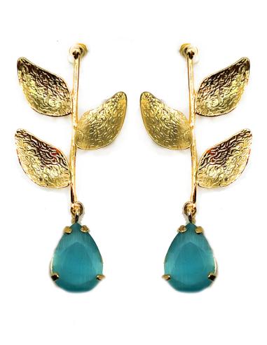 LARGOS PENDIENTES AZUL AGUA MARINA CON HOJITAS DORADAS
