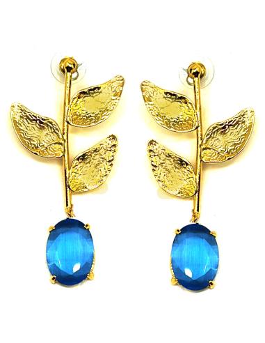 LARGOS PENDIENTES AZULES ELEGANTES CON HOJITAS DORADAS