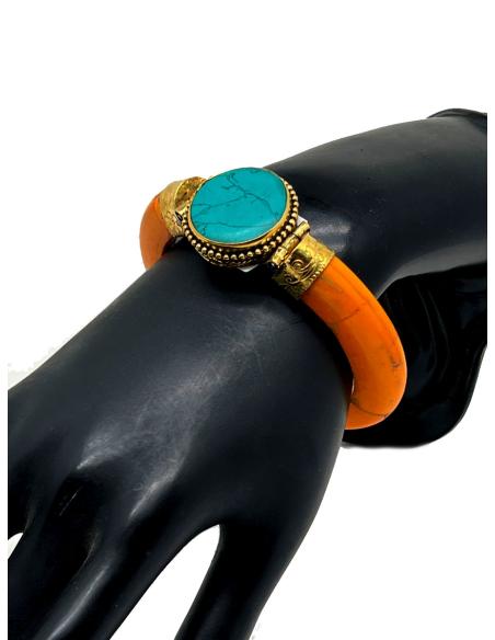 PULSERAS ANARANJADAS DE HUESO CON PIEDRA TURQUESA