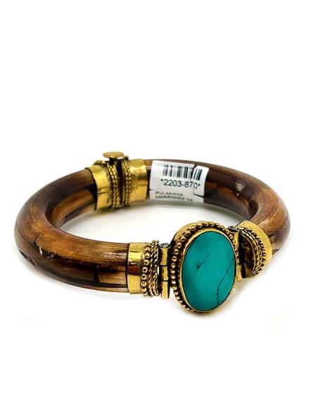 PULSERAS MARRONES DE HUESO DECORADA CON PIEDRA TURQUESA