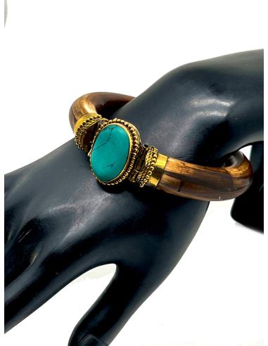 PULSERAS MARRONES DE HUESO DECORADA CON PIEDRA TURQUESA