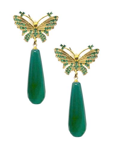 PENDIENTES VERDES CON MARIPOSA BAÑADA EN ORO Y CIRCONITAS PARA BODAS