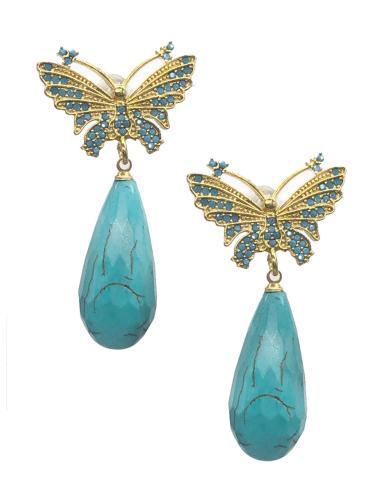 PENDIENTES LÁGRIMA TURQUESA LARGOS CON MARIPOSA BAÑADA EN ORO DE ALTA BISUTERÍA