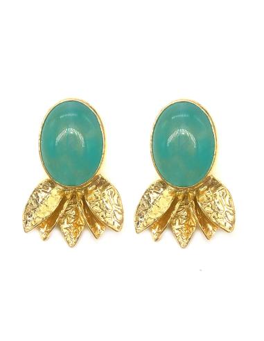 PENDIENTES MUER  DE PIEDRA NATURAL VERDE AGUA BAÑADA EN ORO CON HOJAS