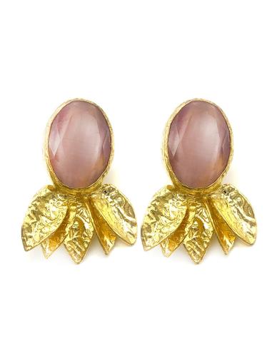 PENDIENTES MUJER LILA DE PIEDRA NATURAL EN BAÑO DE ORO CON PRECIOSAS HOJITAS