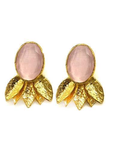 PENDIENTES MUER LARGOS DE PIEDRA NATURAL  ROSA ENGASTADA EN BAÑO DE ORO MUY LUMINOSOS