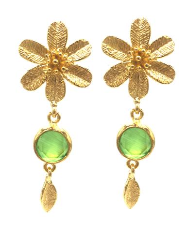 PENDIENTES LARGOS CRISTAL VERDE CON FLOR Y PLUMA PARA VERANO DE ALTA BISUTERÍA