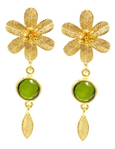PENDIENTES LARGOS CRISTAL VERDE MILITAR Y FLOR Y PLUMA EN BAÑO EN ORO