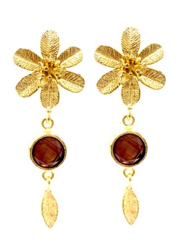 PENDIENTES LARGOS BURDEOS CON FLOR BAÑADA EN ORO PARA INVITADAS DE BODA