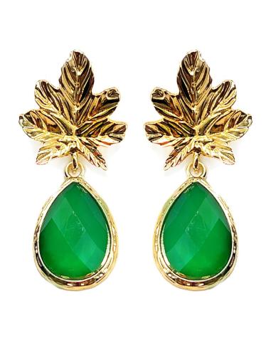 PENDIENTES PARA MUJER CON BONITA HOJA DORADA Y LAGRIMA COLOR