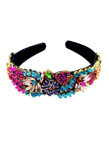 DIADEMA  DE INVITADA CON PEDRERIA TURQUESA Y FUCSIA
