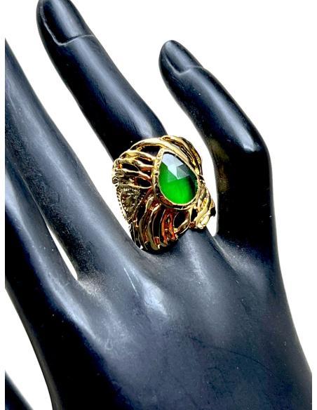 ANILLOS DORADOS GRANDES CON PIEDRA VERDE DISEÑO DE HOJA