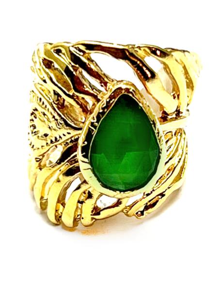 ANILLOS DORADOS GRANDES CON PIEDRA VERDE DISEÑO DE HOJA