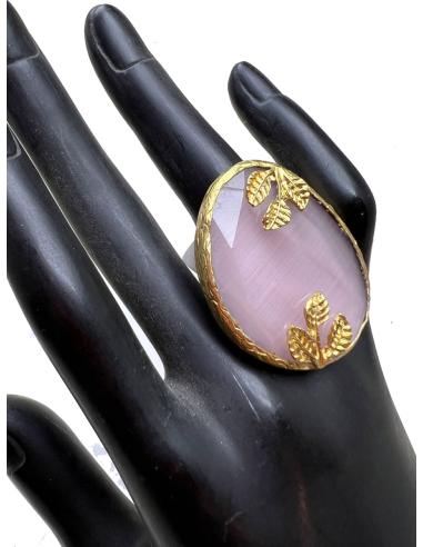 ANILLOS GRANDES ROSA MAQUILLAJE DE PIEDRA CON HOJAS DORADAS