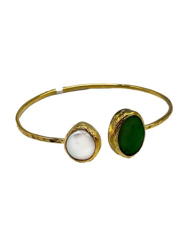 PULSERA BRAZALETE MUJER FINO CHAPADO EN ORO CON PIEDRAS NATURALES VERDE BOTELLA Y BLANCA