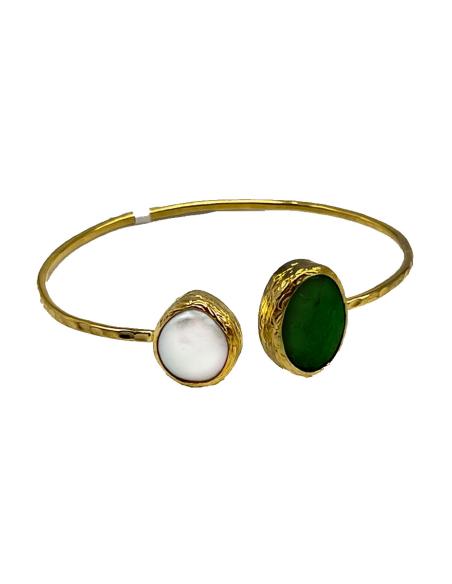 PULSERA BRAZALETE MUJER FINO CHAPADO EN ORO CON PIEDRAS NATURALES VERDE BOTELLA Y BLANCA