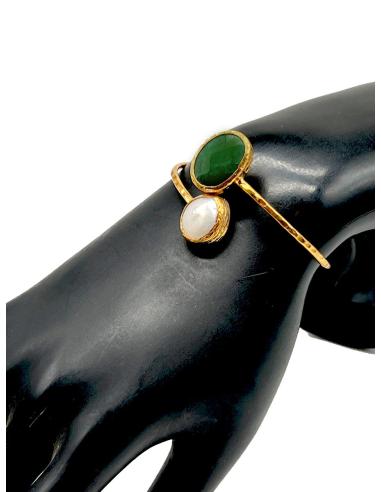 PULSERA BRAZALETE MUJER FINO CHAPADO EN ORO CON PIEDRAS NATURALES VERDE BOTELLA Y BLANCA