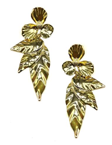 PENDIENTES DORADOS GRANDES Y LARGOS CON FLORES Y HOJITAS