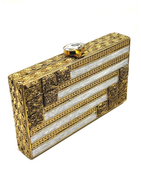 CLUTCH DE FIESTA DORADO CON ESPECIAL DISEÑO Y CIERRE DE CRISTAL