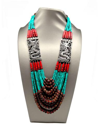 COLLARES ETNICOS TURQUESAS Y ROJO CORAL CON ELEFANTES