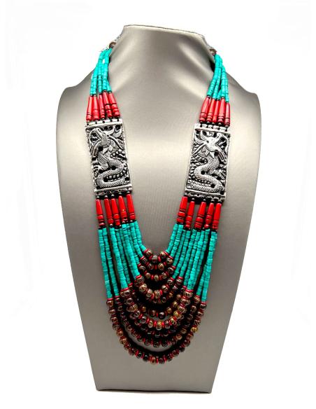 COLLARES ETNICOS TURQUESAS Y ROJO CORAL CON ELEFANTES