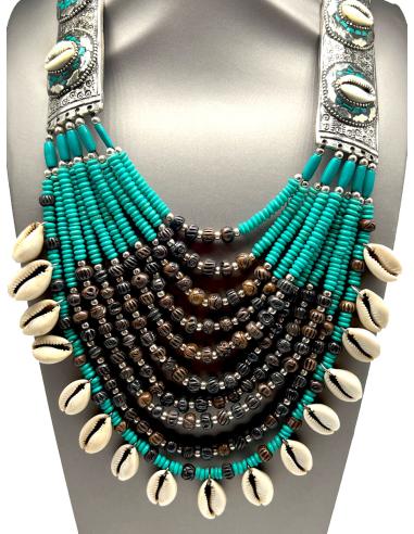 COLLARES ETNICOS TURQUESAS CON CONCHAS Y HUESO TALLADO