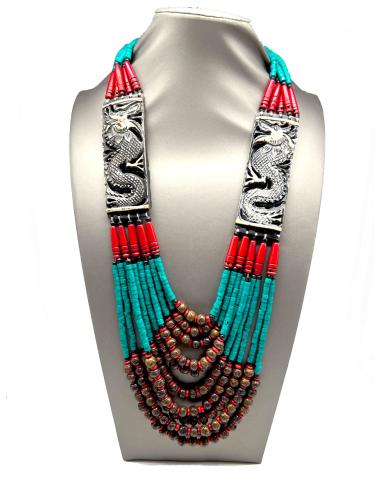 COLLARES ORIGINALES TURQUESAS Y CORAL CON TALLA DE HUESO TALLADO