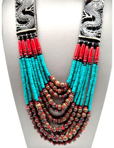 COLLARES ORIGINALES TURQUESAS Y CORAL CON TALLA DE HUESO TALLADO