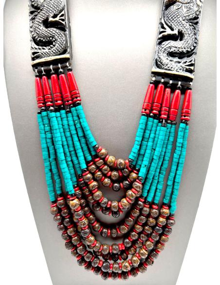 COLLARES ORIGINALES TURQUESAS Y CORAL CON TALLA DE HUESO TALLADO