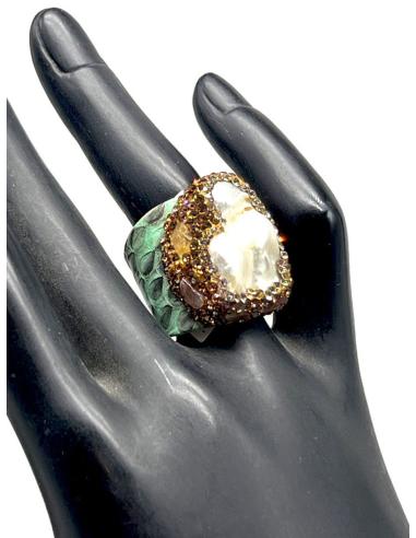 ANILLOS VERDES DE PIEL DE SERPIENTE Y PERLA BARROCA
