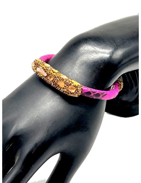 PULSERAS FUCSIAS ORIGINALES EN PIEL DE SERPIENTE Y PEDRERIA