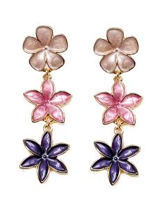 PENDIENTES LARGOS MORADOS Y ROSAS CON FLORECITAS EN TRICOLOR