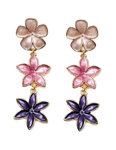 PENDIENTES LARGOS MORADOS Y ROSAS CON FLORECITAS EN TRICOLOR