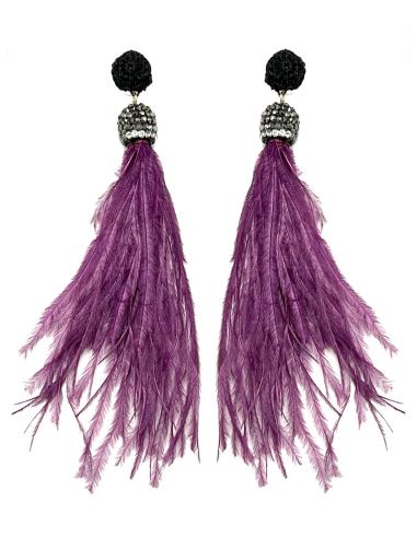 PENDIENTES MUJER LARGOS MORADOS DE PLUMAS DE FIESTA