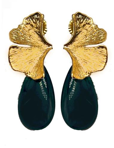 PENDIENTES AZUL PETROLEO DE LAGRIMA DE PIEDRA Y HOJA DORADA