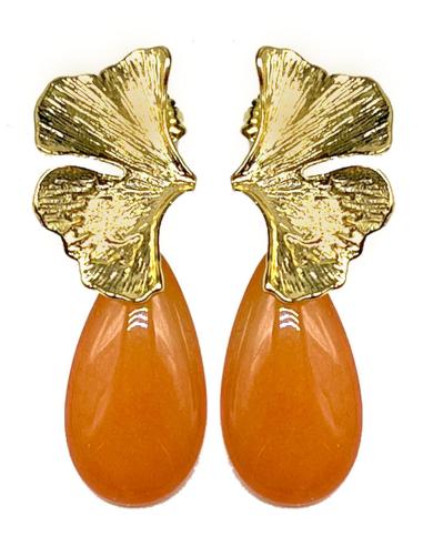 PENDIENTES NARANJAS DE LAGRIMA DE PIEDRA Y HOJA DORADA