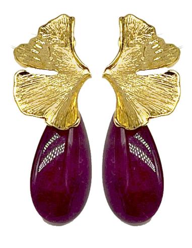 PENDIENTES BUGAMBILIAS DE LAGRIMA DE PIEDRA Y HOJA DORADA