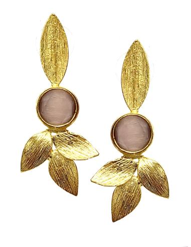 PENDIENTES MUJER ROSAS DORADOS DE PIEDRA NATURAL ENTRE HOJITAS