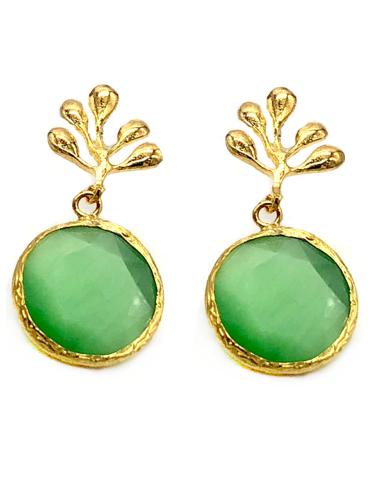 PENDIENTES LÁGRIMA DE CRISTAL FACETADO OVAL VERDE AGUAMARINA SOBRE BAÑO EN ORO