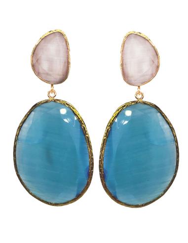 PENDIENTES MUJER LARGOS AZULES Y BLANCOS CON DOBLE LÁGRIMA OVAL EN BAÑO DE ORO