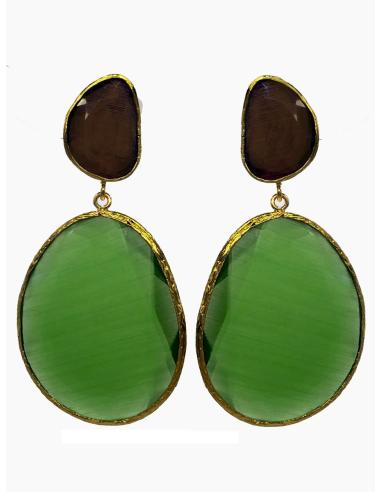 PENDIENTES MUJER VERDES Y MORADOS CON DOBLE LÁGRIMA OVAL BICOLOR EN BAÑO DE ORO