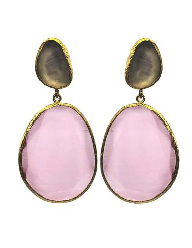 PENDIENTES ROSAS OVAL LARGOS CON DOS PIEDRAS NATURALES BICOLOR CON GRIS