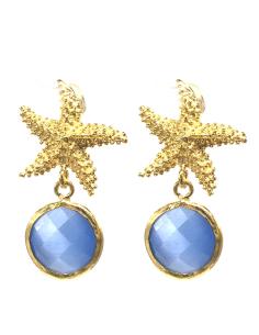 PENDIENTES MUJER CON ESTRELLA DE MAR Y LÁGRIMA DE CRISTAL FACETADO AZUL MARINA