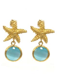 PENDIENTES MUJER AZUL CIELO CON ESTRELLA DE MAR BAÑADA EN ORO PARA VERANO