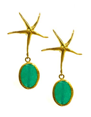 PENDIENTES LARGOS VERDE AGUAMARINA CON ESTRELLA FINA BAÑADOS EN ORO