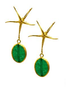 PENDIENTES VERDE ESMERALDA LARGOS MUJER CON ESTRELLA FINA BAÑADOS EN ORO